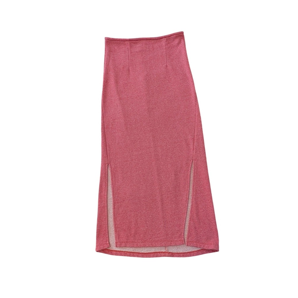 Free People Pink Heathered Knit Midi Skirt High Waisted Front Slits Size Small